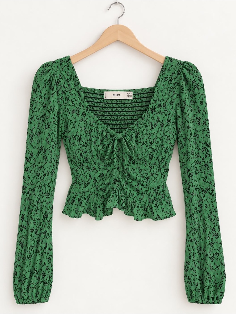 Mango Light Sage Green Floral Ruched Peplum Long-Sleeve Blouse